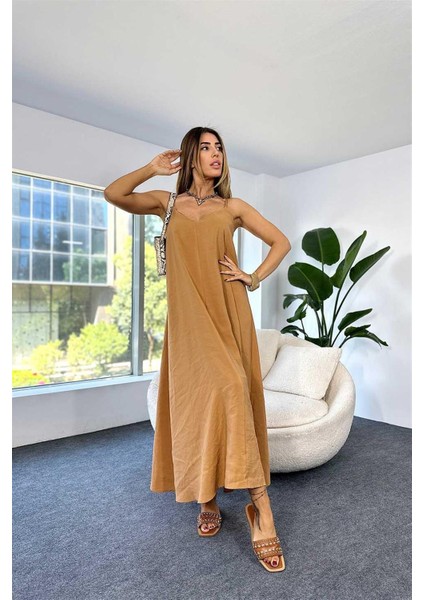 Kadın Modal Kumaş Ayarlanabilir Askılı Camel Elbise