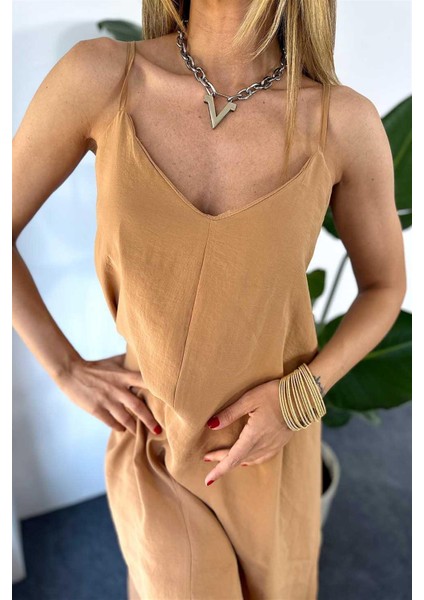 Kadın Modal Kumaş Ayarlanabilir Askılı Camel Elbise fiyatları