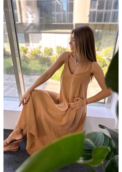 Kadın Modal Kumaş Ayarlanabilir Askılı Camel Elbise modelleri
