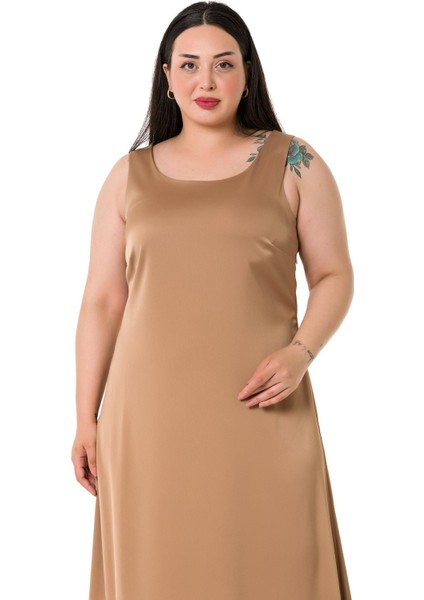 Büyük Beden U Yaka Saten Vizon Uzun Elbise fiyatları