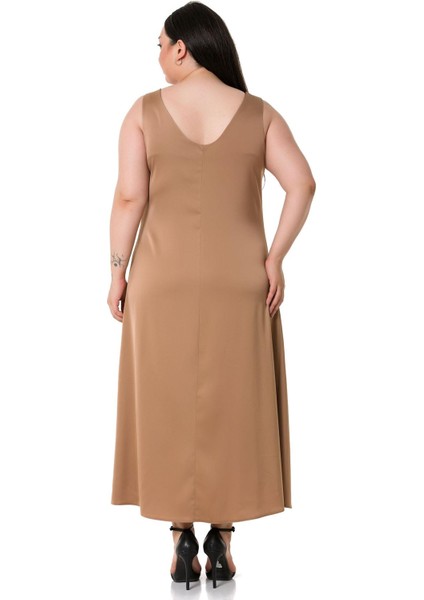 Büyük Beden U Yaka Saten Vizon Uzun Elbise modelleri