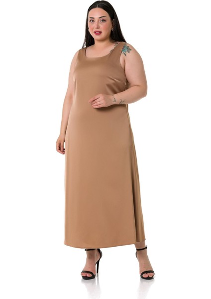 Büyük Beden U Yaka Saten Vizon Uzun Elbise fırsatları