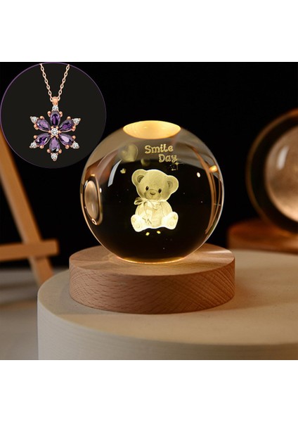 Kişiye Özel Dekoratif Işıklı Ahşap Kaideli Ayıcık Tasarımlı 3D Cam Küre ve Lotus Çiçeği Kolye