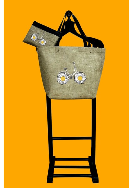 Baskılı Deri Saplı Hasır Kumaş Baskılı Plaj Çantası ve Makyaj Çantası Ikili Set