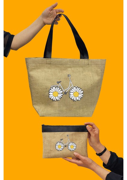 Baskılı Deri Saplı Hasır Kumaş Baskılı Plaj Çantası ve Makyaj Çantası Ikili Set fiyatları