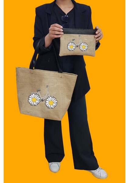 Baskılı Deri Saplı Hasır Kumaş Baskılı Plaj Çantası ve Makyaj Çantası Ikili Set modelleri