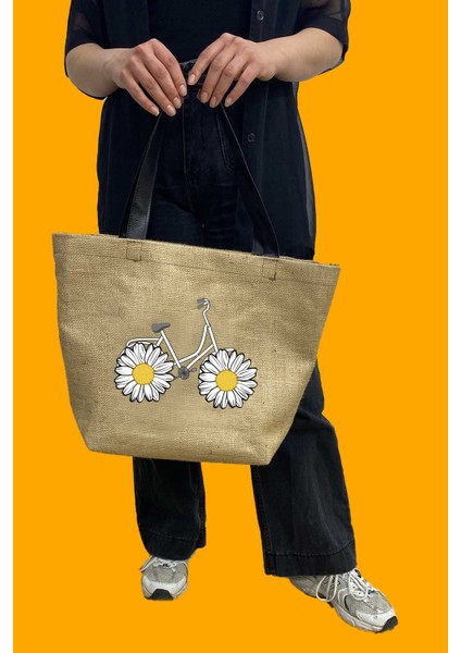 Baskılı Deri Saplı Hasır Kumaş Baskılı Plaj Çantası ve Makyaj Çantası Ikili Set fırsatları