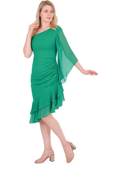 Kadın Yeşil Tek Kol Beli Drape Detay Elbise