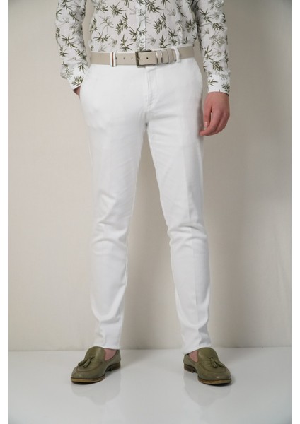 Erkek Beyaz Esnek Yancep Ince Desenli Pantolon