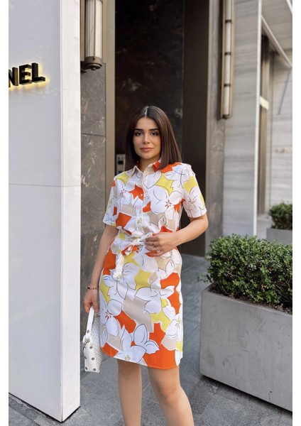 Turuncu & Beyaz Kısa Kol, Desenli Poplin Kumaş, Bele Oturan Kesim, Yarım Patlı, Kuşaklı Midi Elbise fiyatları