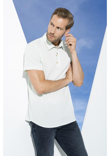 Organik 3 Düğmeli Kısa Kol Su Yeşili Gömlek