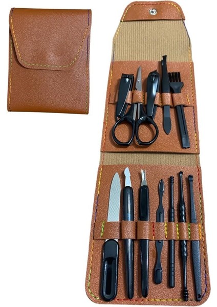 Kahverengi Deri Çantalı 12 Parça Manikür Pedikür Seti