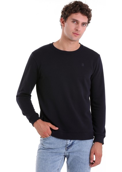 Lacivert Regular Fit Düz Pamuklu Bisiklet Yaka Sweatshirt