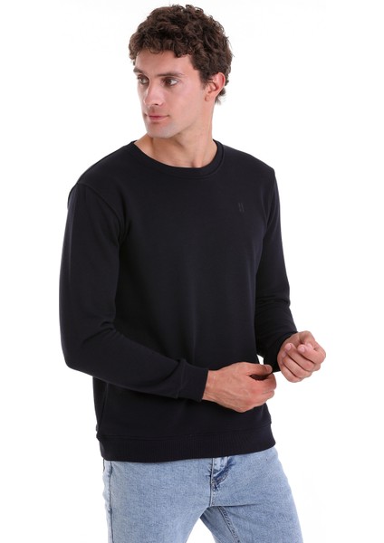 Lacivert Regular Fit Düz Pamuklu Bisiklet Yaka Sweatshirt