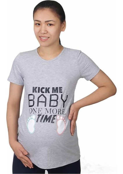 Hamile Tişört Kick Me Baby Gri