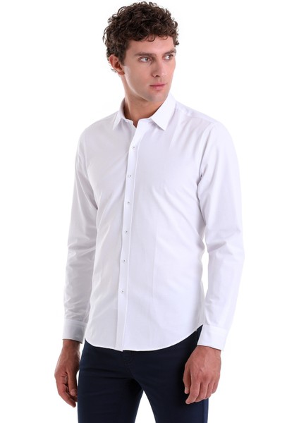 Beyaz D. Comfort Fit Desenli Pamuklu Slim Yaka Uzun Kollu Klasik Gömlek