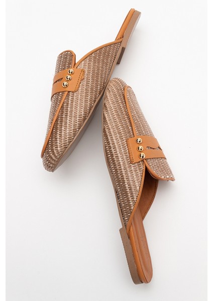 165 Hakiki Deri Kahve Hasır Kadın Terlik modelleri