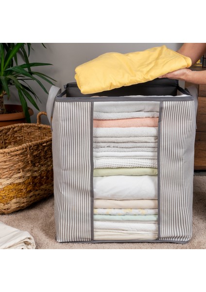 Pencereli Çizgi Desen Baskılı Antrasit Yastık Pike Battaniye Düzenleyici Hurç 45X30X50 cm fiyatları