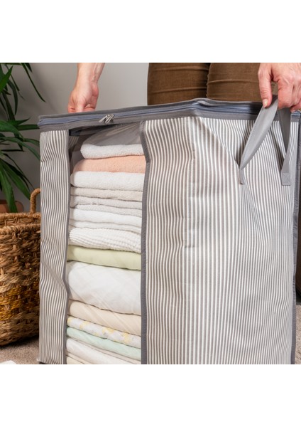 Pencereli Çizgi Desen Baskılı Antrasit Yastık Pike Battaniye Düzenleyici Hurç 45X30X50 cm fırsatları