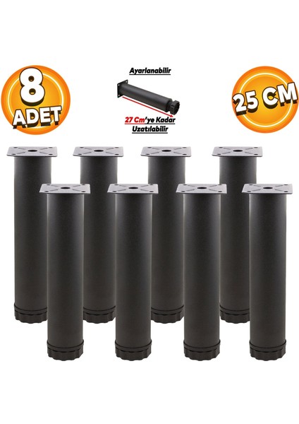 Mobilya Kanepe Baza Koltuk Metal Destek Ayağı Ayarlanabilir 25 Cm Siyah Yükseltici Ayakları (8 Adet)