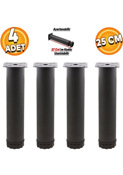 Ayarlanabilir Mobilya Kanepe Baza Koltuk Metal Destek Yükseltici Ayağı 25 Cm Siyah Ayakları (4 Adet)