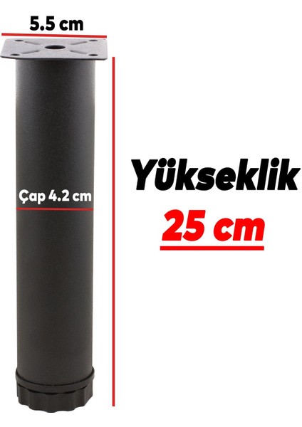 Ayarlanabilir Mobilya Kanepe Baza Koltuk Metal Destek Yükseltici Ayağı 25 Cm Siyah Ayakları (4 Adet)