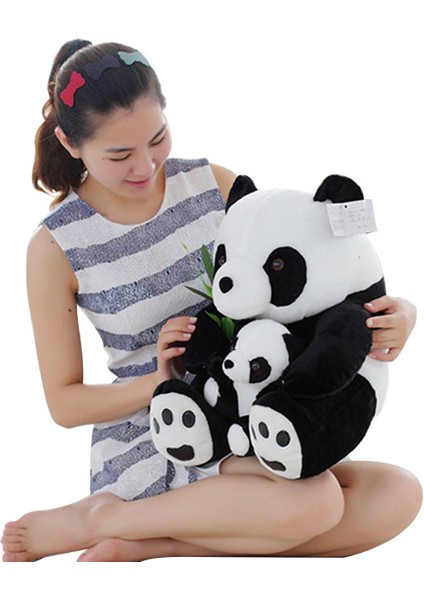 25CM Oturmuş Anne ve Bebek Panda Peluş Oyuncak - Siyah / Beyaz (Yurt Dışından)