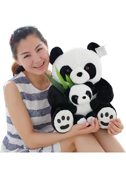 25CM Oturmuş Anne ve Bebek Panda Peluş Oyuncak - Siyah / Beyaz (Yurt Dışından)