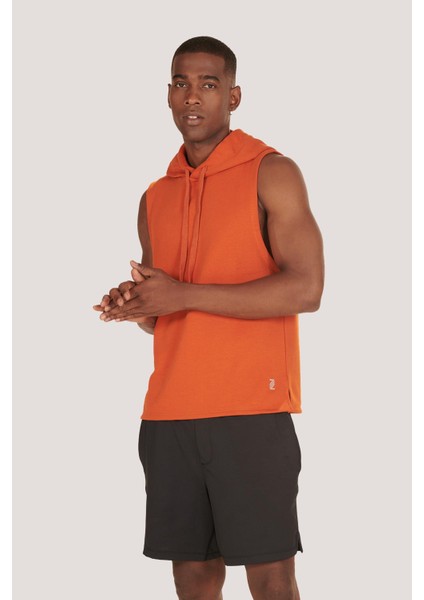 P-005672-ERKEK Kapüşonlu Kolsuz Rahat Kesim Sıfır Kol Pamuklu Casual Spor T-Shirt - Tişört-Kiremit fiyatları