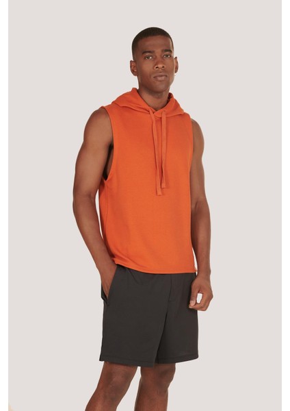 P-005672-ERKEK Kapüşonlu Kolsuz Rahat Kesim Sıfır Kol Pamuklu Casual Spor T-Shirt - Tişört-Kiremit modelleri