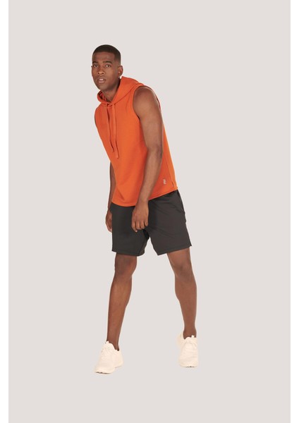 P-005672-ERKEK Kapüşonlu Kolsuz Rahat Kesim Sıfır Kol Pamuklu Casual Spor T-Shirt - Tişört-Kiremit indirimleri