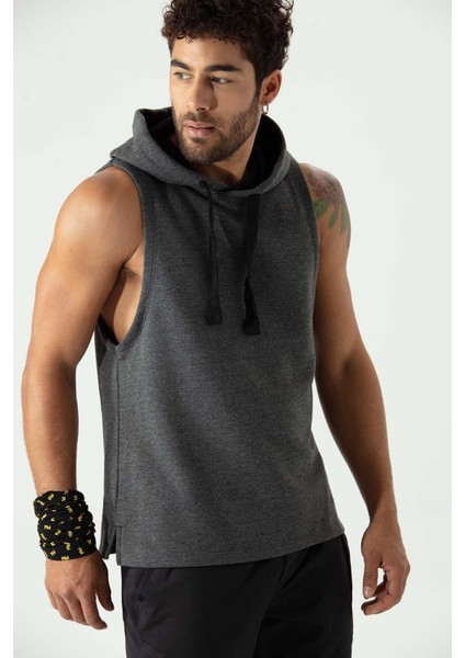 P-005672-ERKEK Kapüşonlu Kolsuz Rahat Kesim Sıfır Kol Pamuklu Casual Spor T-Shirt - Tişört-Antra Melanj fiyatları