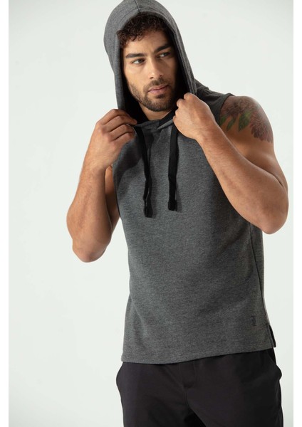 P-005672-ERKEK Kapüşonlu Kolsuz Rahat Kesim Sıfır Kol Pamuklu Casual Spor T-Shirt - Tişört-Antra Melanj modelleri