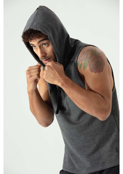P-005672-ERKEK Kapüşonlu Kolsuz Rahat Kesim Sıfır Kol Pamuklu Casual Spor T-Shirt - Tişört-Antra Melanj fırsatları