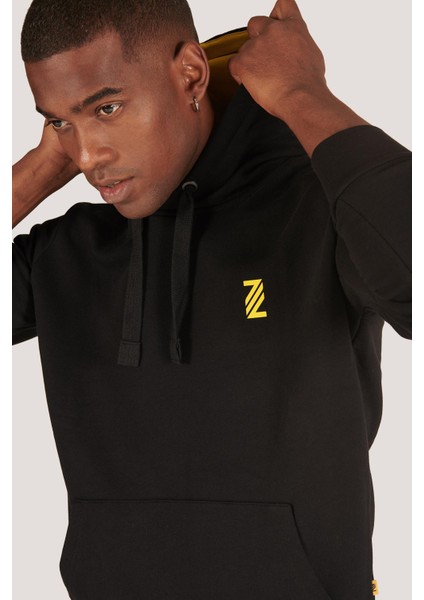 P-005671-ERKEK Kapüşonlu Sweatshirt Diagonal Uzun Kollu Rahat Kesim 3 Iplik Spor Pamuklu Sweatshirt-Siyah