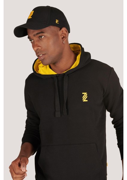 P-005671-ERKEK Kapüşonlu Sweatshirt Diagonal Uzun Kollu Rahat Kesim 3 Iplik Spor Pamuklu Sweatshirt-Siyah fiyatları
