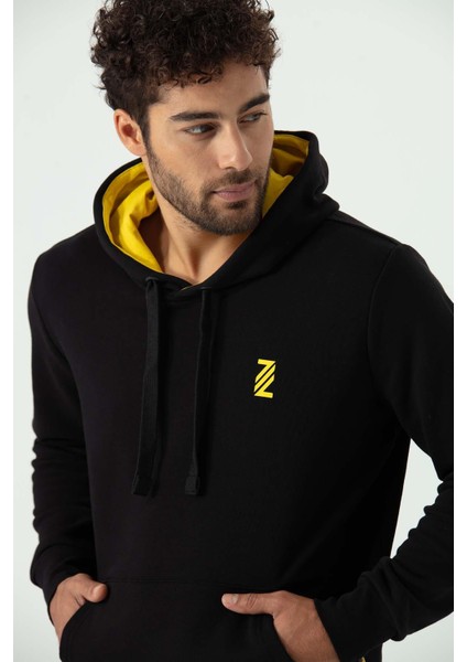 P-005671-ERKEK Kapüşonlu Sweatshirt Diagonal Uzun Kollu Rahat Kesim 3 Iplik Spor Pamuklu Sweatshirt-Siyah modelleri
