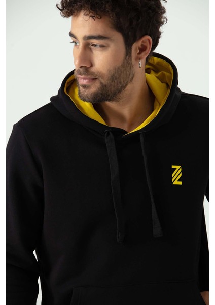 P-005671-ERKEK Kapüşonlu Sweatshirt Diagonal Uzun Kollu Rahat Kesim 3 Iplik Spor Pamuklu Sweatshirt-Siyah indirimleri
