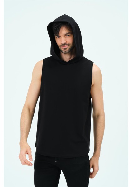 P-006690-ERKEK Kapüşonlu Kolsuz Sıfır Kol Pamuklu 2 Iplik Spor Sweatshirt / T-Shirt-Siyah fırsatları