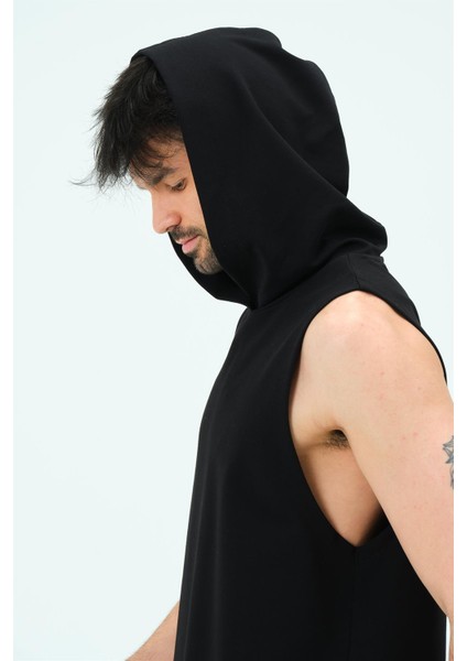 P-006690-ERKEK Kapüşonlu Kolsuz Sıfır Kol Pamuklu 2 Iplik Spor Sweatshirt / T-Shirt-Siyah indirimleri
