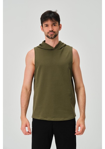 P-006690-ERKEK Kapüşonlu Kolsuz Sıfır Kol Pamuklu 2 Iplik Spor Sweatshirt / T-Shirt-Haki Yeşil fiyatları