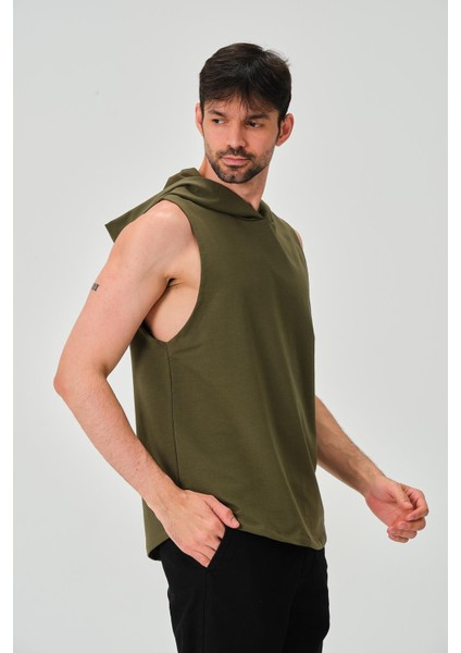 P-006690-ERKEK Kapüşonlu Kolsuz Sıfır Kol Pamuklu 2 Iplik Spor Sweatshirt / T-Shirt-Haki Yeşil modelleri