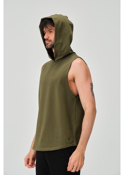 P-006690-ERKEK Kapüşonlu Kolsuz Sıfır Kol Pamuklu 2 Iplik Spor Sweatshirt / T-Shirt-Haki Yeşil fırsatları