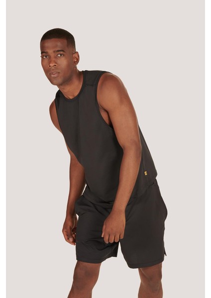 P-002999-ERKEK Askılı Bisiklet Yaka Sıfır Kol Casual Fitness Tişört Kolsuz Spor Atleti-Siyah fırsatları