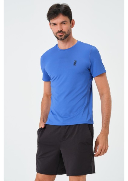 P-005678-ERKEK Bisiklet Yaka Rahat Kesim Casual Nefes Alabilen Athletic Spor T-Shirt - Tişört-Mavi