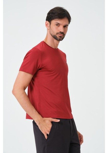 P-005678-ERKEK Bisiklet Yaka Rahat Kesim Casual Nefes Alabilen Athletic Spor T-Shirt - Tişört-Bordo