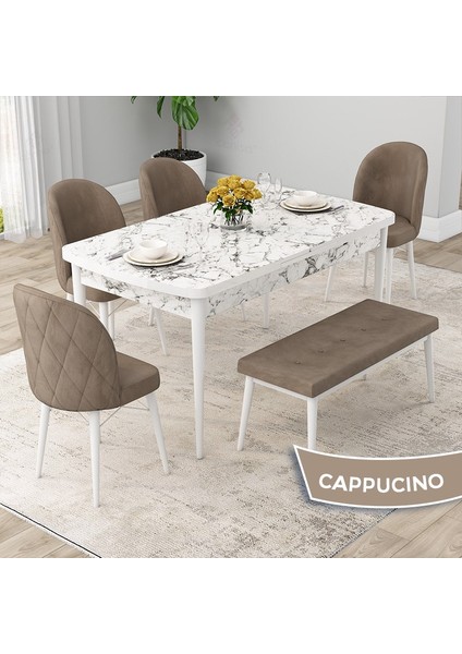 Concept Rut Serisi Açılabilir 80X132 Beyaz Mermer Desen Mutfak Masa Takımı 4 Sandalye 1 Bench