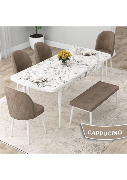 Concept Rut Serisi Açılabilir 80X132 Beyaz Mermer Desen Mutfak Masa Takımı 4 Sandalye 1 Bench