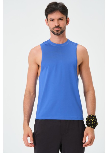 P-002999-ERKEK Askılı Bisiklet Yaka Sıfır Kol Casual Fitness Tişört Kolsuz Spor Atleti-Mavi