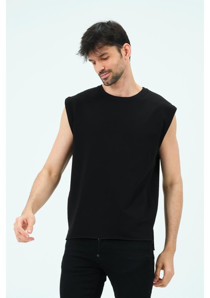 P-006689-ERKEK Kolsuz Oversize Esnek Pamuklu 2 Iplik Spor Sweat / T-Shirt/atlet-Siyah